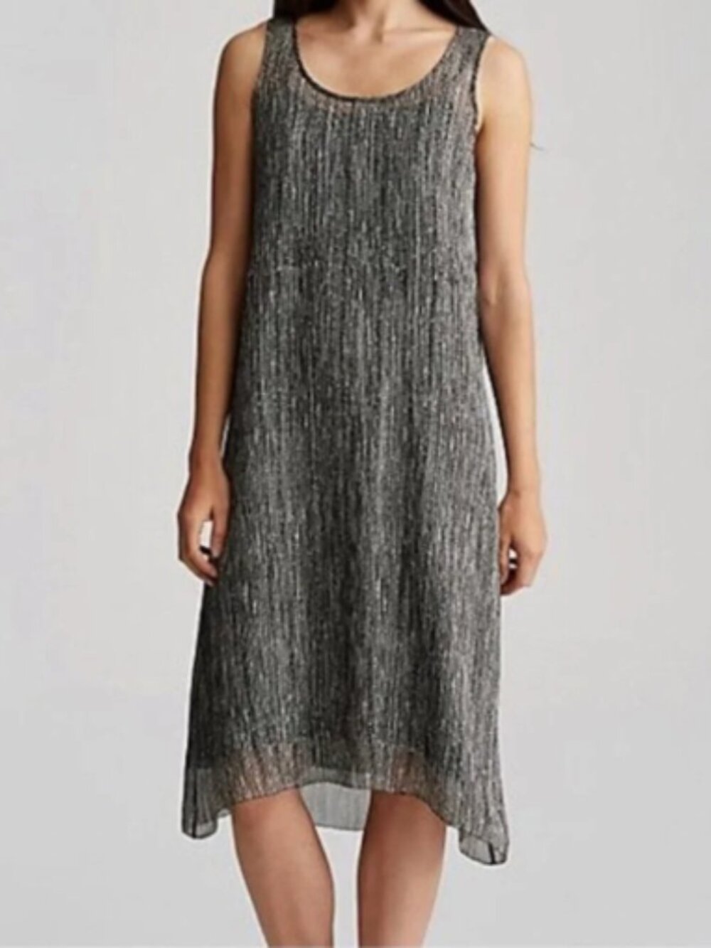 Eileen Fisher 100% Silk Sleeveless Tank Midi Slip Dress Printed Crinkle Size L
